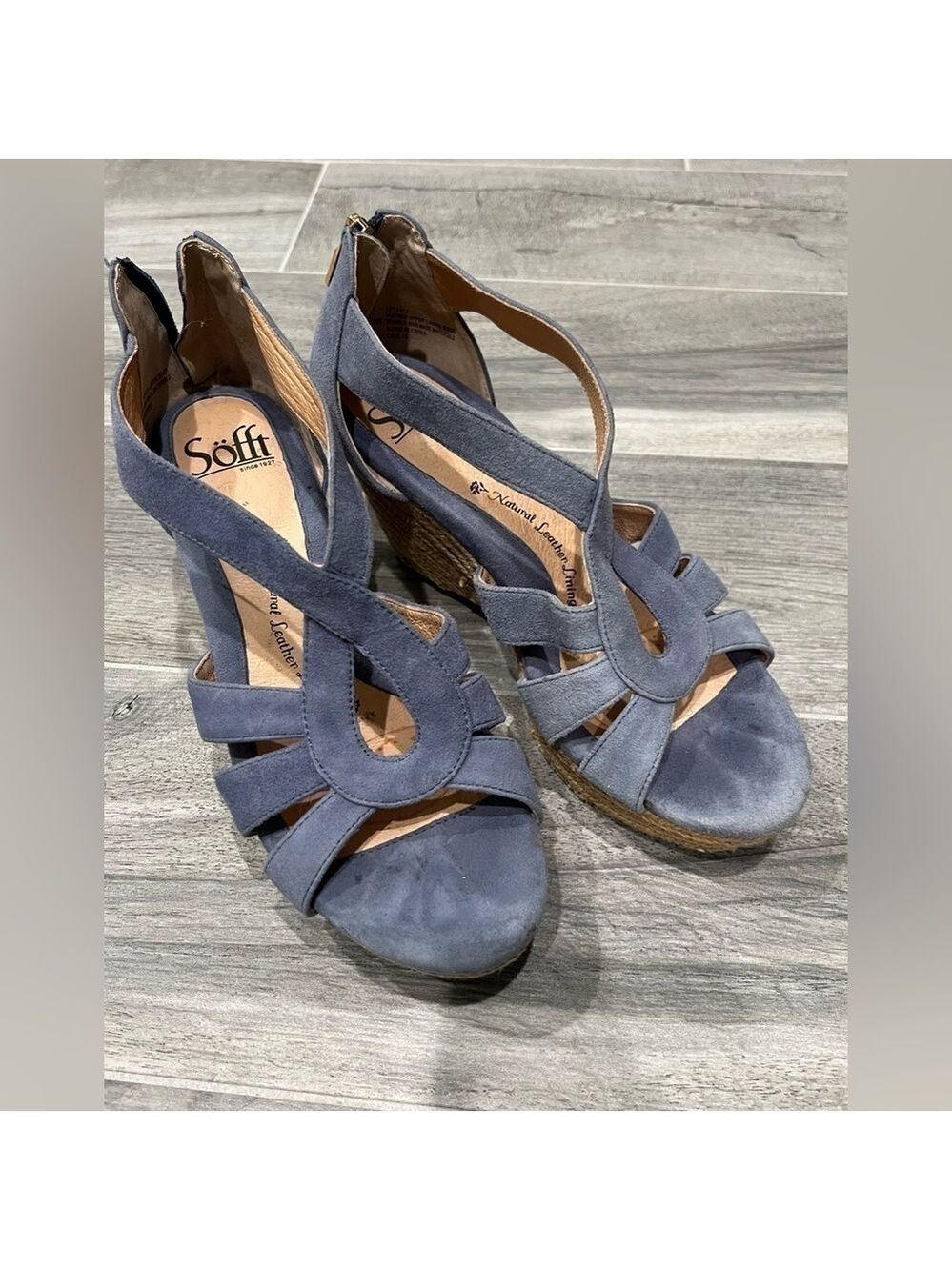 Sofft Blue Suede Sandals with Tan Raffia Wedge